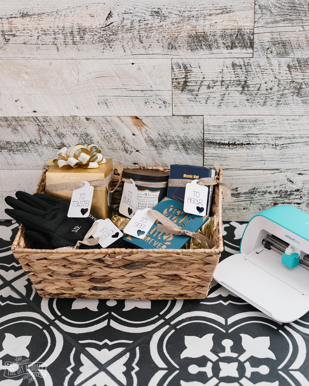 Make a heartfelt gift basket for a significant other featuring items that they can see, smell, taste, touch and hear. Here's an idea of what to include, and how to make gift tags & personalization with Cricut Joy.