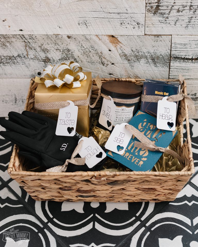 Make a heartfelt gift basket for a significant other featuring items that they can see, smell, taste, touch and hear. Here's an idea of what to include, and how to make gift tags & personalization with Cricut Joy.