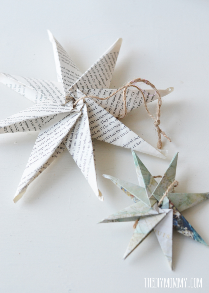How to make an 8 pointed paper star from book pages or maps. Makes a beautiful Christmas ornament!