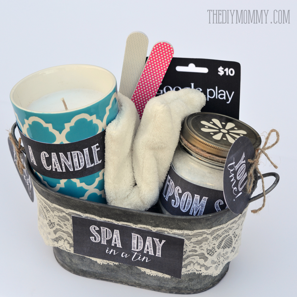 A creative gift basket idea: Spa Day in a Tin! Put a candle, eye pillow, epsom salts, nail files and a Google Play card in a pretty tin - comes with free printable tags and labels.